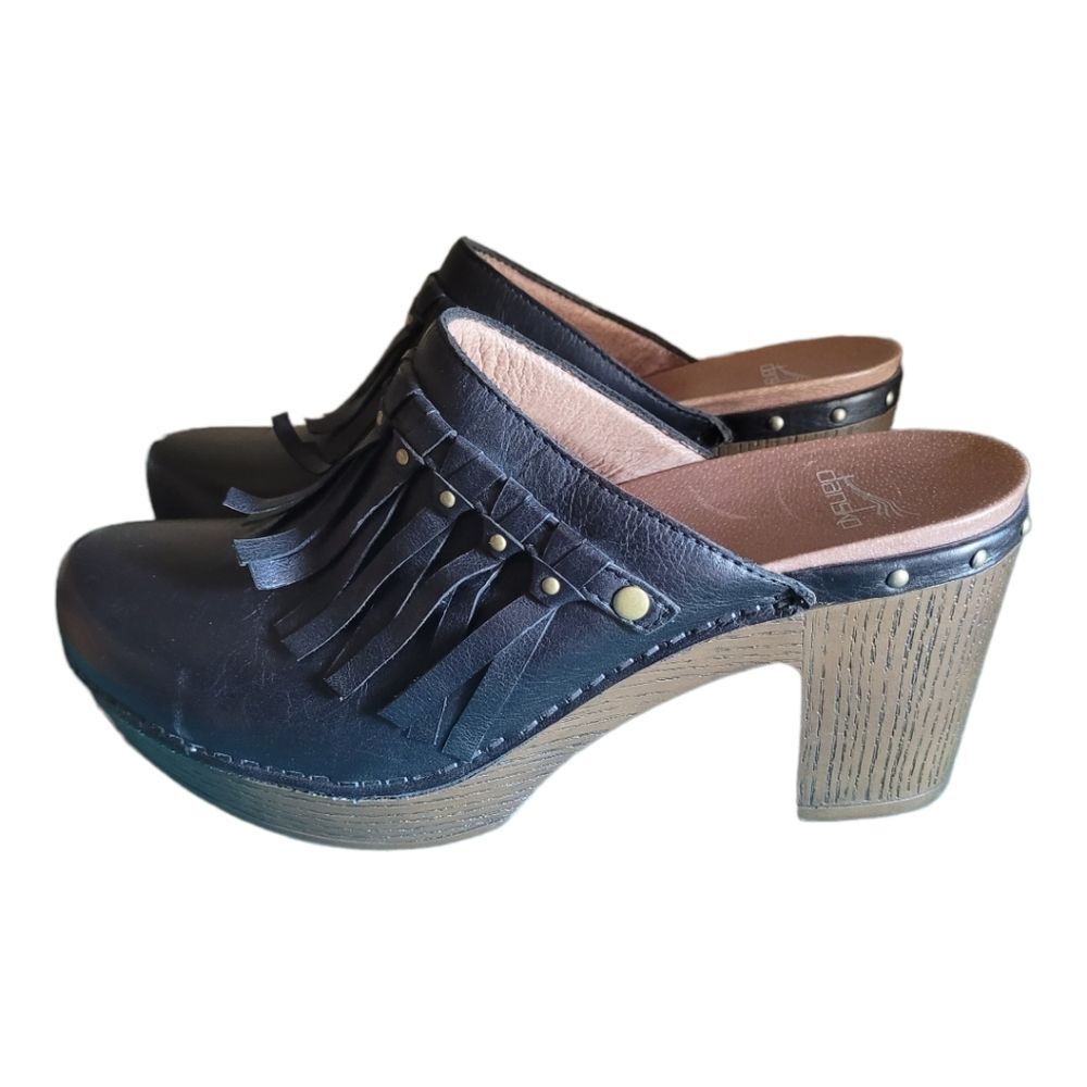 DANSKO ' DENI ' LEATHER MULES FRINGE STUDDED BLOCK HEEL CLOGS SHOES WOMENS 39